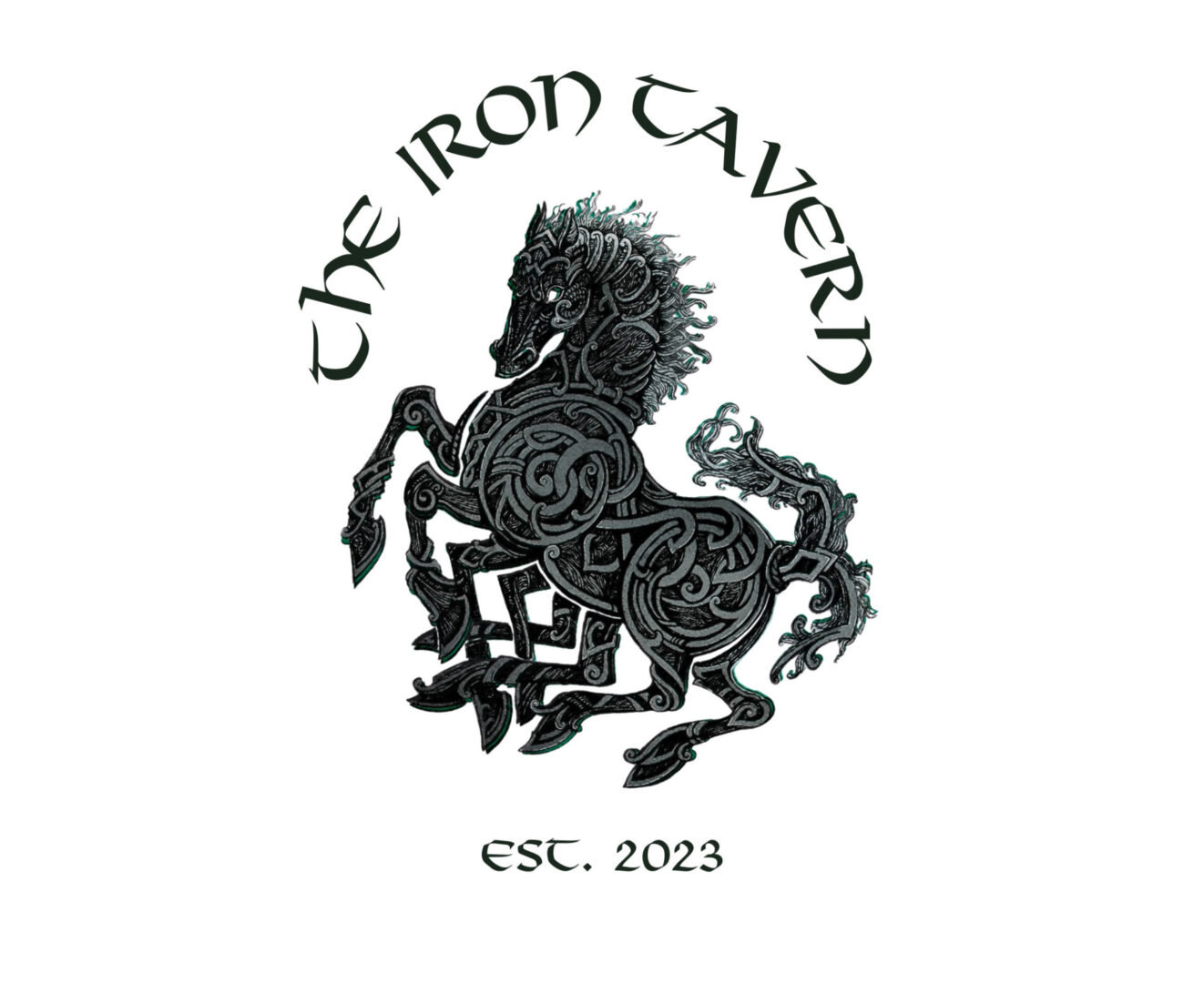A black and white logo of the iron tavern.